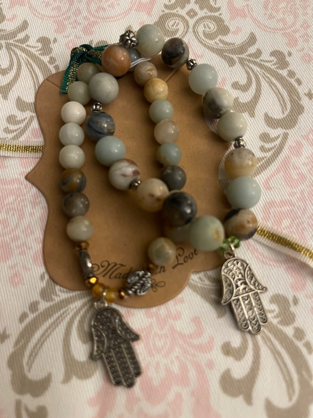 Natural Stone Hamsa Charm Stretch Bracelet - Multi-Color
